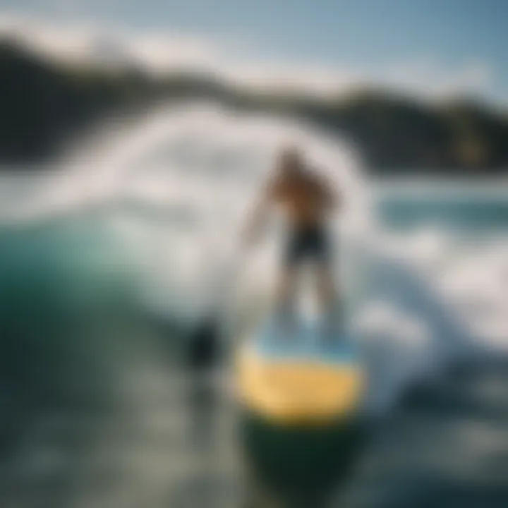 A high-performance paddle board gliding over waves