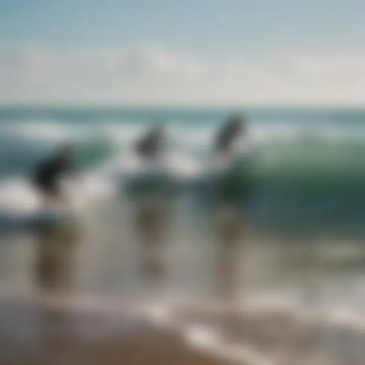 A group of surfers practicing on the waves