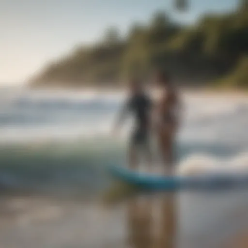 Surf instructor guiding a beginner on Cocoa Beach