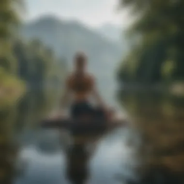 A tranquil lake view showcasing a yogi in a seated forward bend, promoting flexibility