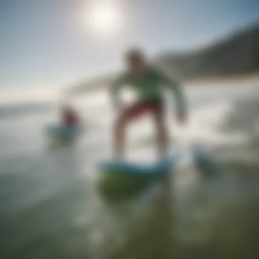 A vibrant beach scene showcasing boogie boarders riding waves