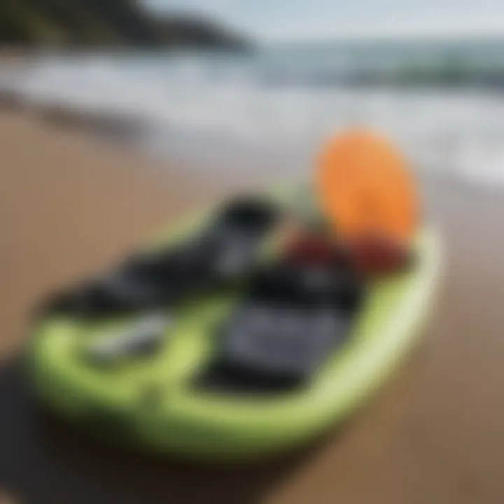 Safety equipment laid out for boogie boarding enthusiasts