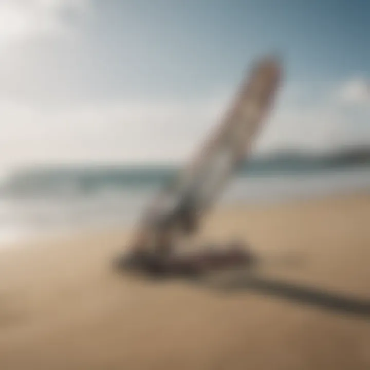 An overview of a foil kiteboarding setup on the beach, ready for action