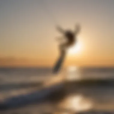 A serene sunset backdrop with a foil kiteboarder performing tricks