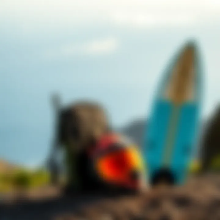 Eco-friendly surfing equipment displayed against a backdrop of Madeira's landscapes