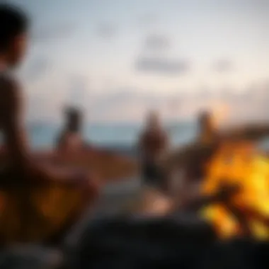 Local surfers sharing stories and traditions by a beach bonfire