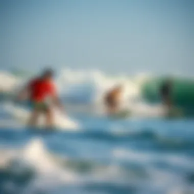 A group of surfers riding waves in a saltwater ocean