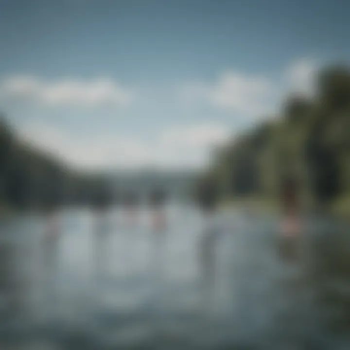 A group of paddleboarders participating in a competitive race on an expansive river