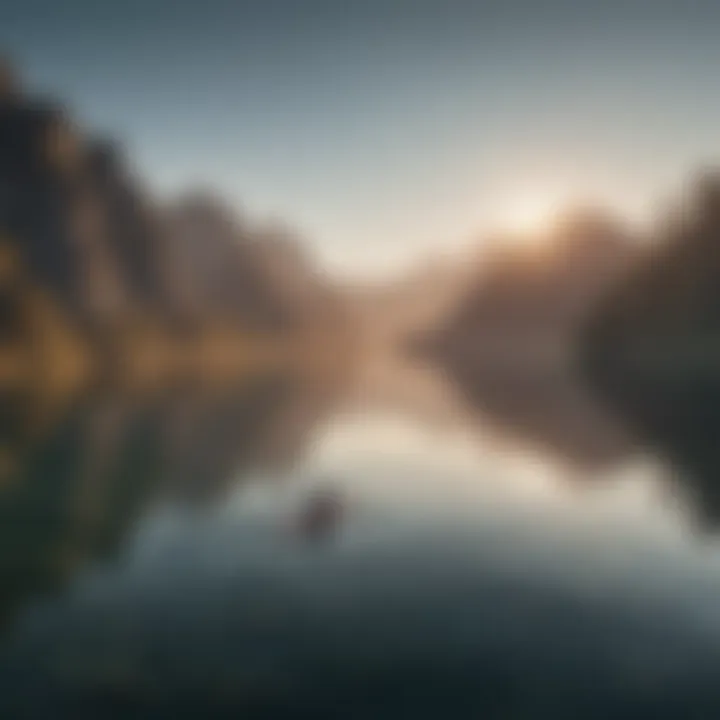 A serene lake reflecting mountains, with a paddleboarder gliding across the water at dawn