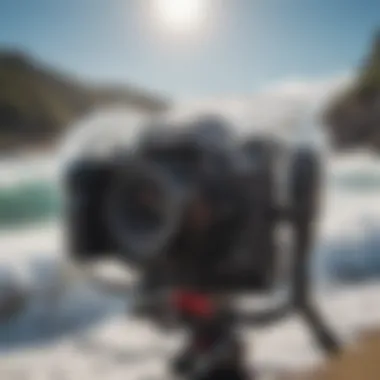 Close-up of a camera setup for capturing surf action