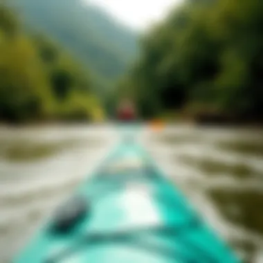 A tranquil river with a kayaker navigating through gentle currents surrounded by lush greenery