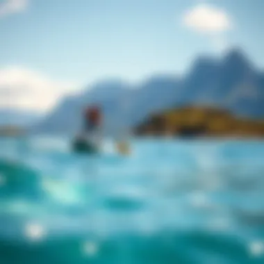 A dynamic paddleboarding adventure on crystal-clear waters with scenic mountains in the background