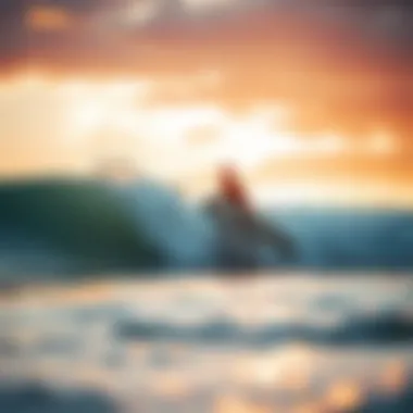 A serene beach scene showcasing a surfer catching a wave at sunrise
