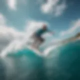 A stunning aerial view of a surfer performing an air jump over turquoise waters