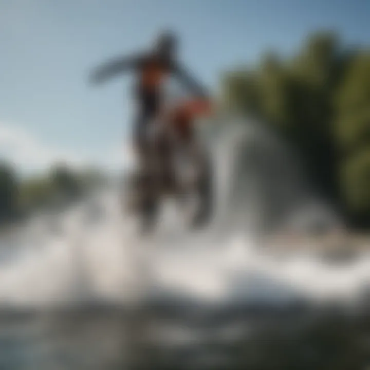 A dynamic shot capturing the physics of an air jump with water splashing