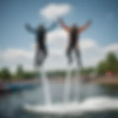 A vibrant scene showcasing a watersport competition highlighting air jumps