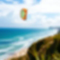 A vibrant kite soaring high above a picturesque beach