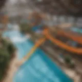 Aerial view of Waves Indoor Waterpark showcasing its unique layout