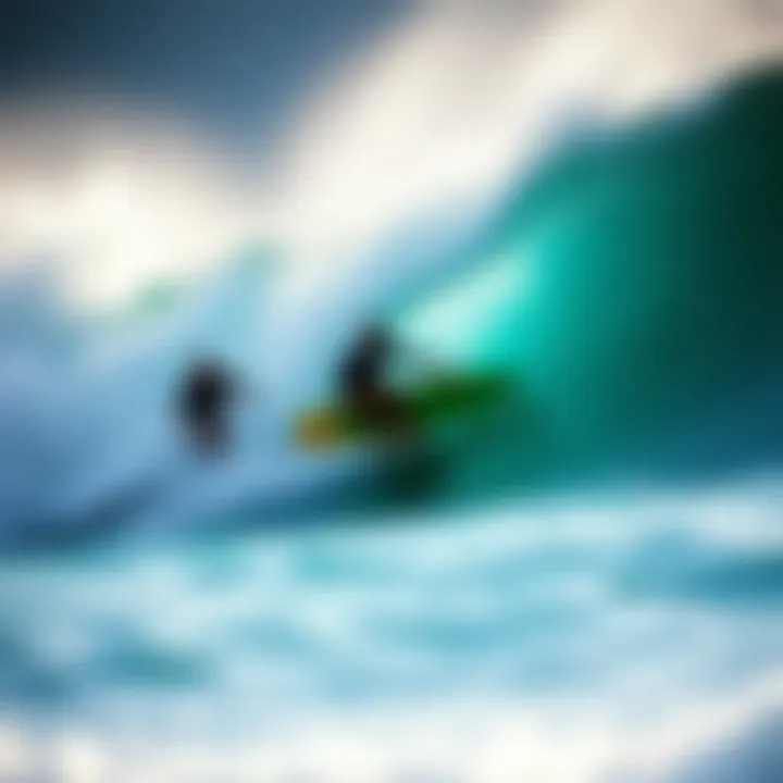 Surfers riding waves at a surf park, demonstrating competitive spirit