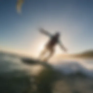 An adrenaline-fueled moment captured as a kite surfer catches the wind above glistening waters.