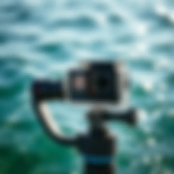Action Camera on Gimbal Close-up of an action camera mounted on a gimbal stabilizer, ready for aquatic adventures.