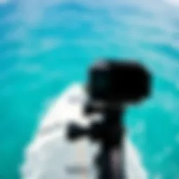 A scenic view of a vibrant ocean with a surfer capturing footage using an action camera and gimbal stabilizer.