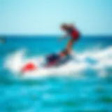 A dynamic jet powered wakeboard in action on crystal clear water