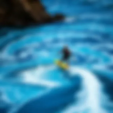 A scenic view of a jet powered wakeboarder gliding through waves