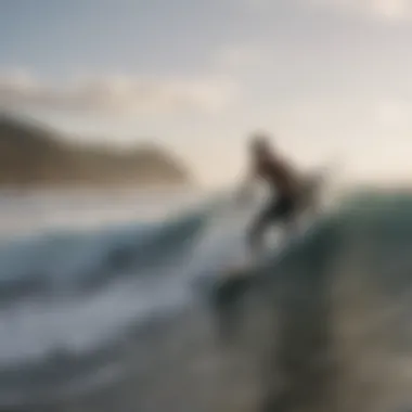 A tranquil beach scene with surfers enjoying the waves.