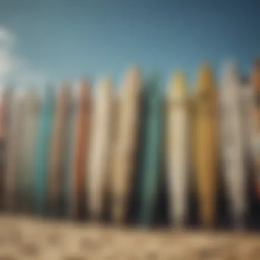 A collection of various used surfboards displaying different styles and conditions.