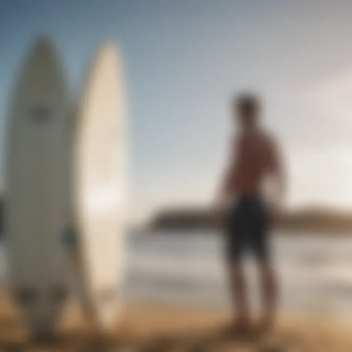 An environmentally conscious surfer examining a used board before purchase.