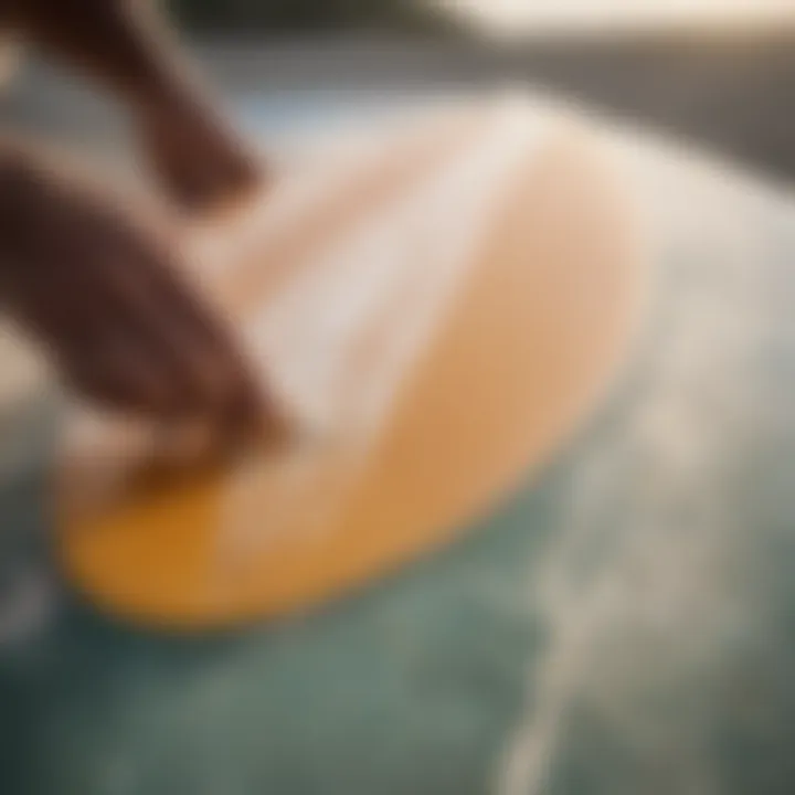 Close-up of sun cure resin application on a surfboard