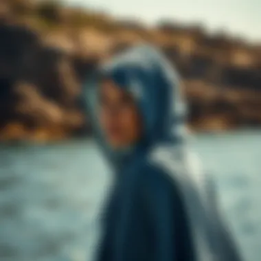 An individual wearing a poncho post-swim on a sunny day