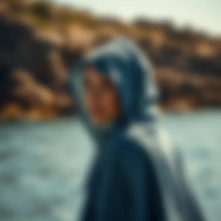 An individual wearing a poncho post-swim on a sunny day