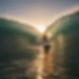 Surfer riding a warm wave during sunset