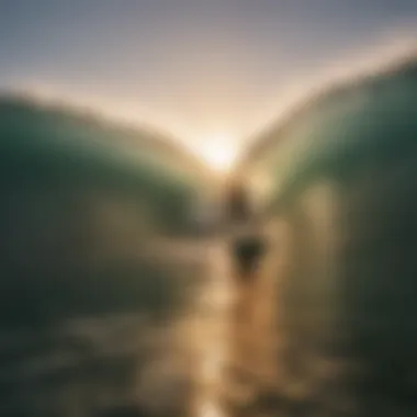 Surfer riding a warm wave during sunset