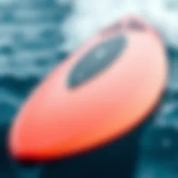 A close-up of a high-performance surfboard highlighting its unique shape and design elements