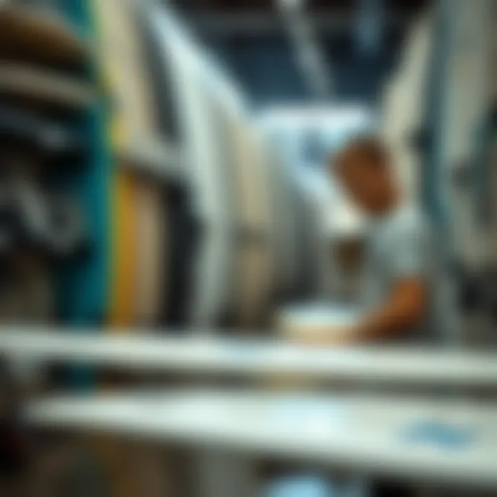 Choosing the Right Surfboard for Your Style A surfer selecting a surfboard in a shop, focusing on personalization options available