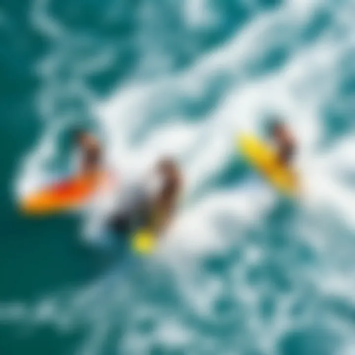 Surfers Embracing the Thrill of Motorized Surfing An aerial view of surfers enjoying motorized surfboards in a vibrant sea