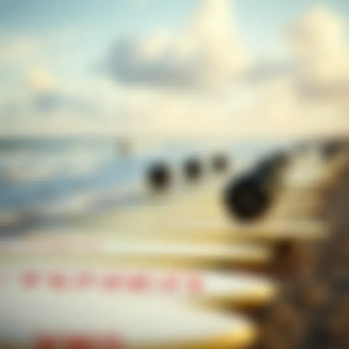 Motorized Surfboards at the Shore A serene beach setting with motorized surfboards lined up on the shore