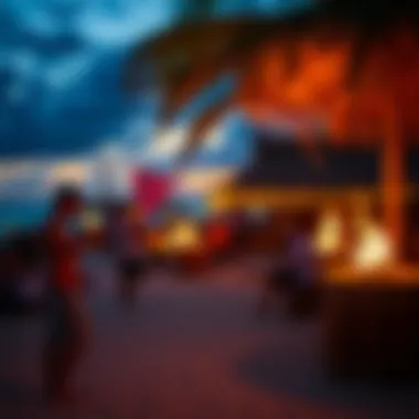 Beach Luau at Sunset A scenic view of a beach luau lit by tiki torches at sunset