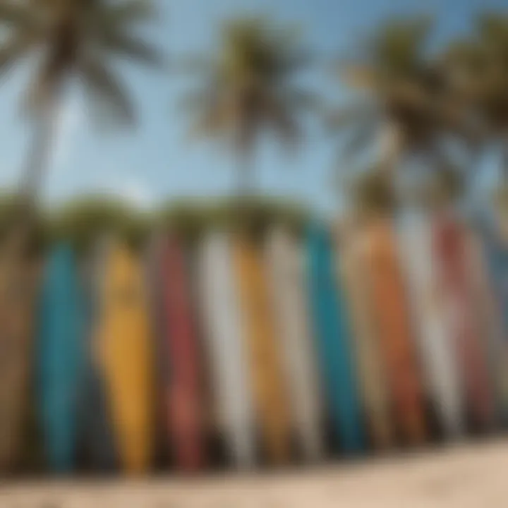 An array of surfboards lined up on a vibrant beach with local surf culture elements