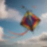 A vibrant kite with a whimsical design soaring in the sky