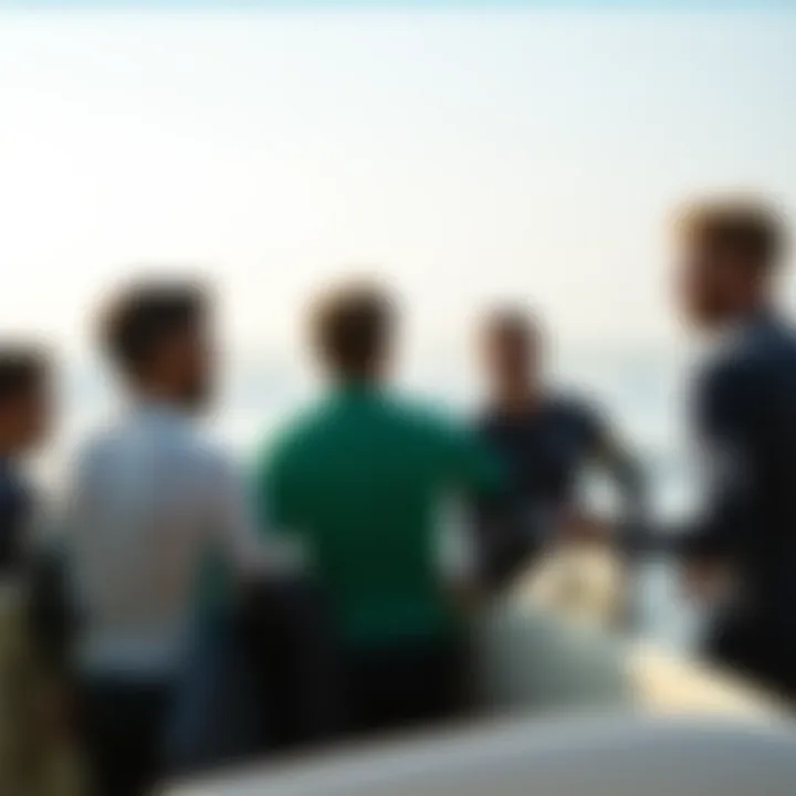 Surfers Engaging in Wave Discussions Group of surfers discussing wave conditions