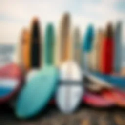 A collection of different types of surfing boards arranged on the beach