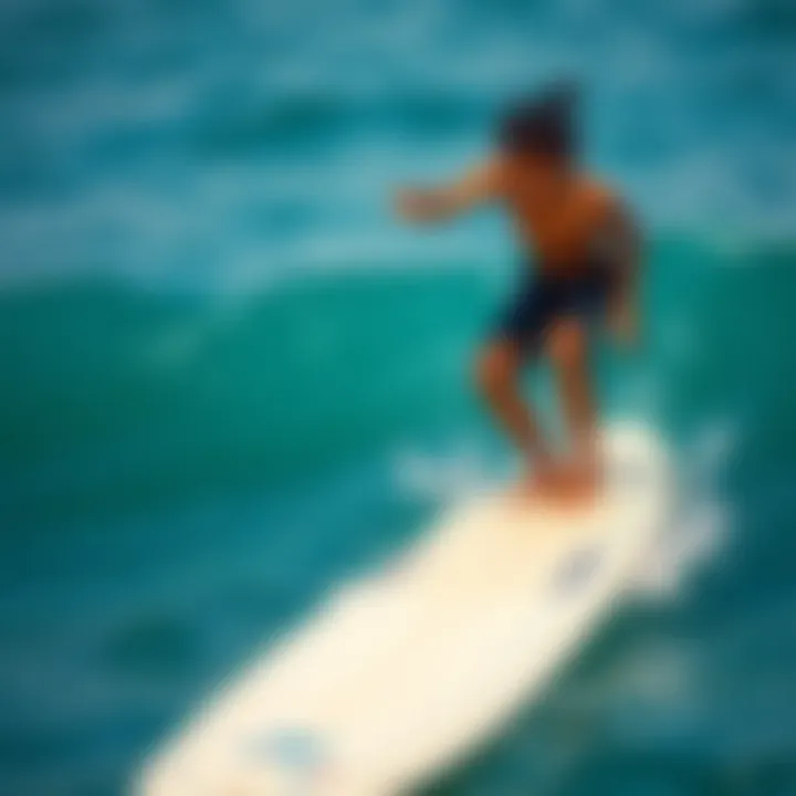 Learning Balance on a Foam Surfboard Novice surfer practicing balance on a foam surfboard in the ocean