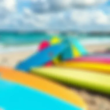 Colorful Range of Foam Surfboards A vibrant collection of colorful foam surfboards on the beach