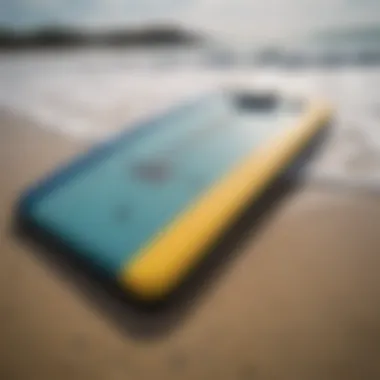 A close-up of a boogie board with technical specifications