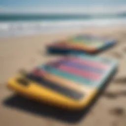 An array of colorful boogie boards lined up on the beach