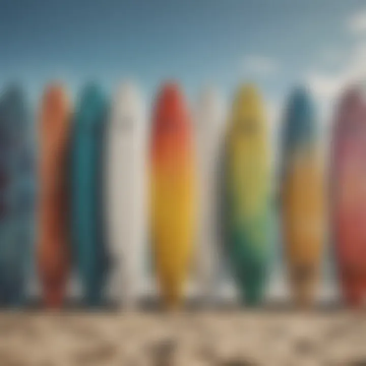 An array of colorful surfboards designed for play surfing, highlighting unique shapes.